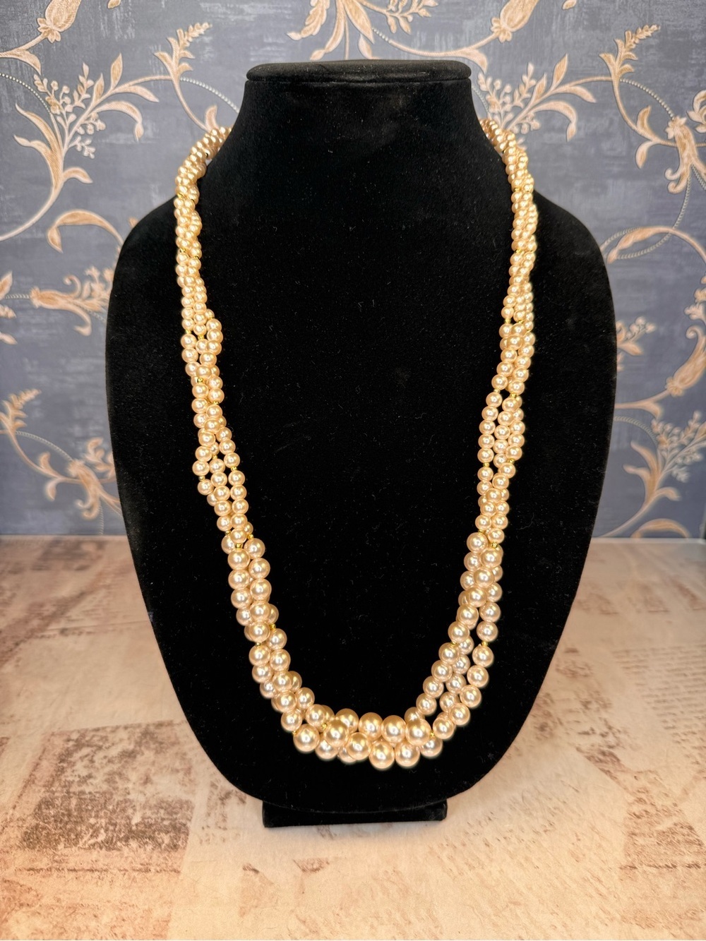 Vintage Multi Strand Faux Pearl Necklace Gold Beads 28” Lot A3